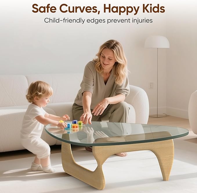 Triangle Glass Coffee Table with Solid Wood Base, 0.8'' Thick Clear Glass Top, 51'' Width Mid Century Modern Coffee Table for Living Room Bedroom Reception (Original Wood)