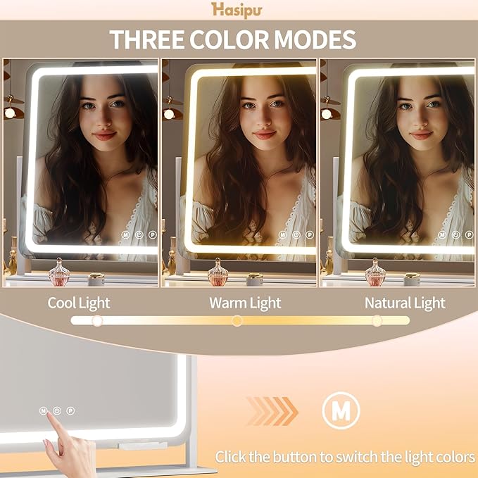 Hasipu Vanity Mirror with Lights, 30" x 21" LED Makeup Mirror, Light up Mirror with 10X Magnification and Phone Holder, USB Charging Port, Smart Touch 3 Colors Dimmable, 360° Rotation (White)