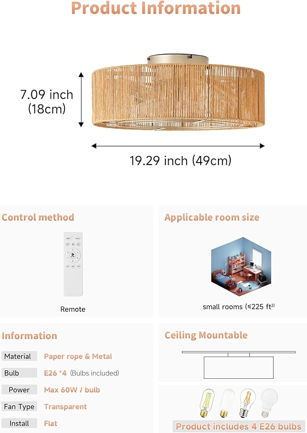 Ceiling Fans with Lights, 20" Boho Ceiling Fan with Light Flush Mount, Rattan Low rofile with 6 Speeds, Remote Control for Bedroom, Nursery, Living Room