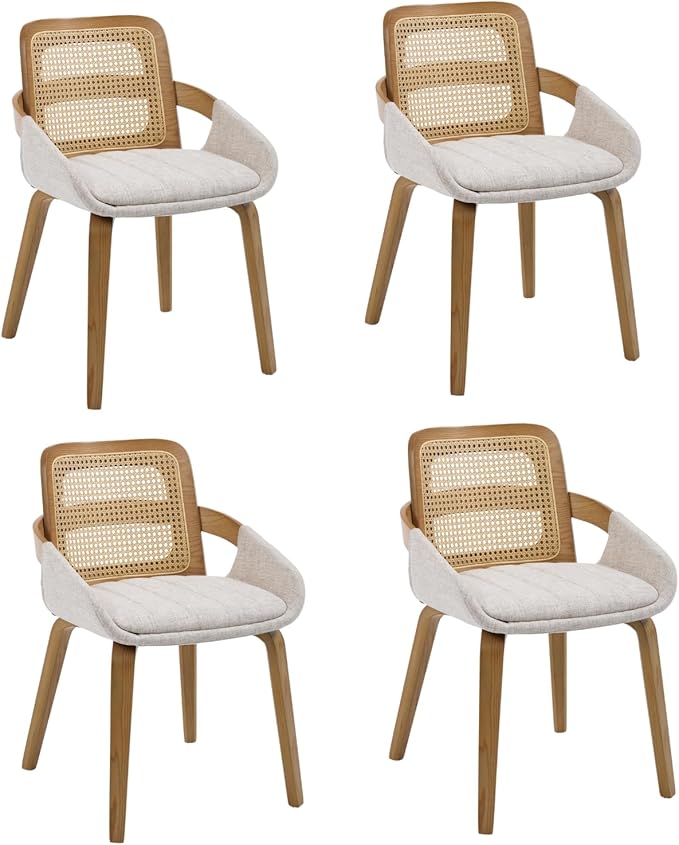 DUOMAY Modern Linen Dining Chairs Set of 4, Cane Back Room Chairs with Solid Wood Legs Kitchen Chairs for Living Room, Restaurant, Beige