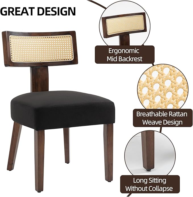 Upholstered Rattan Dining Chairs Set of 6, Mid-Century Modern Fabric Dining Room Chairs with Brown Hardwood Frame, Curved Backrest Kitchen Armless Accent Chairs for Living Room (Black)