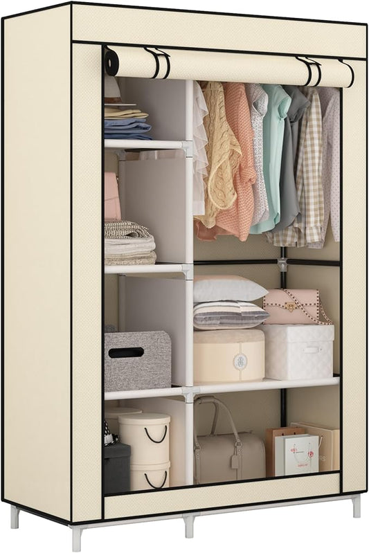 Calmootey Portable Closet Organizers, Clothing Storage, Wardrobe with 6 Shelves and Hanging Rod, Non-Woven Fabric Cover with 4 Side Pockets, Beige