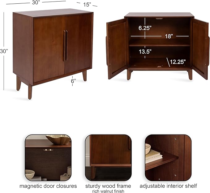 Kate and Laurel McCutcheon Modern Two-Door Mango Wood Floor Storage Cabinet, 30 x 15 x 30, Walnut Brown, Transitional Living Room TV Stand for Use as Sideboard Buffet Cabinet or Bar Storage Buffet