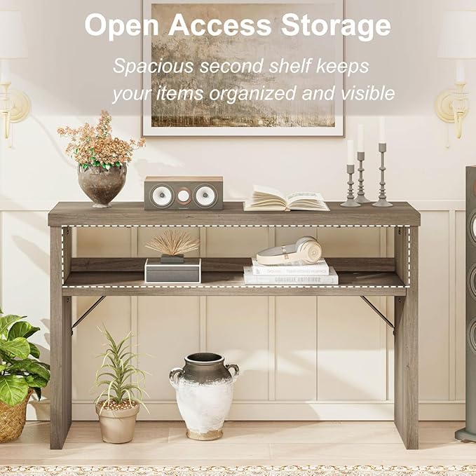 BON AUGURE Sofa Console Table, Wood Entryway Table, Grey Behind Couch Tables with Open Storage, Modern Narrow Hallway Tables (Greige Oak, 47 Inches)