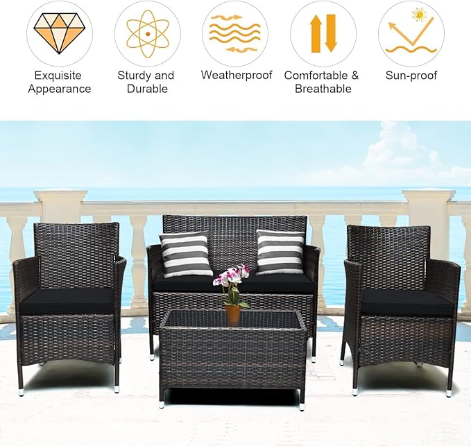 Tangkula 4 Pieces Patio Rattan Conversation Set, Outdoor Wicker Furniture with Tempered Glass Coffee Table & Thick Cushion, Rattan Chair Wicker Set for Garden, Lawn, Poolside and Backyard (1, Black)