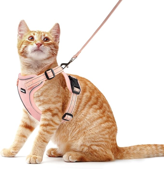 Rttochfy Cat Harness and Leash Set, Adjustable and Reflective Cat Vest, Escape Proof Kitten Harness, Easy to Put on with 3 Buckles for Cats Walking and Traveling (Pink, L)