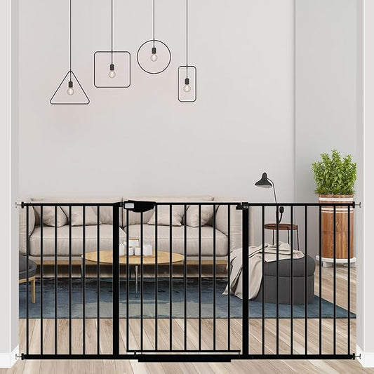 ALLAIBB Triple Lock Extra Wide Baby Gate Pressure Mounted Walk Through Safe Auto Close Black Metal Dog Pet Puppy Cat for Stairs,Doorways,Kitchen 49.21-66.54"