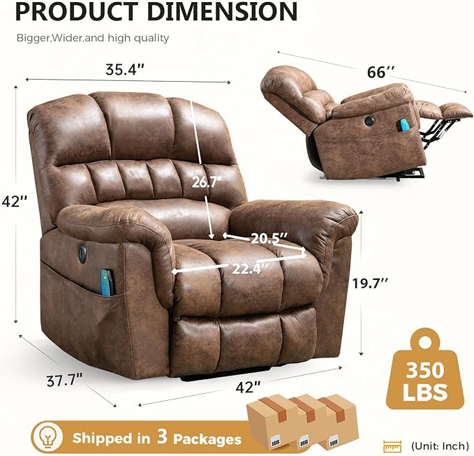 Power Lift Recliner Chair with Massage and Heat for Elderly, Faux Leather Electric Lifting Recliners with USB Port, Overstuffed Wide Reclining Sofa with Side Pockets for Living Room, Brown