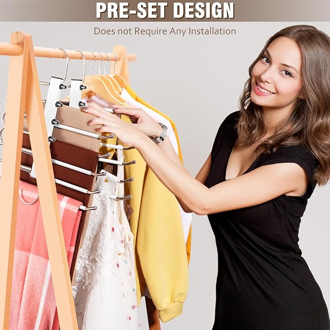 Space Saving 6 Tier Pant Hangers, Anti-Slip, Lightweight, Stainless Steel, 2 Pack, White