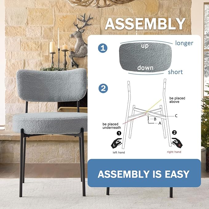 Grey Boucle Dining Chairs Set of 6, Upholstered Dinner Chair with Metal Frame, Dining Room Chairs with Padded Seat, Round Modern Seating for Living Room
