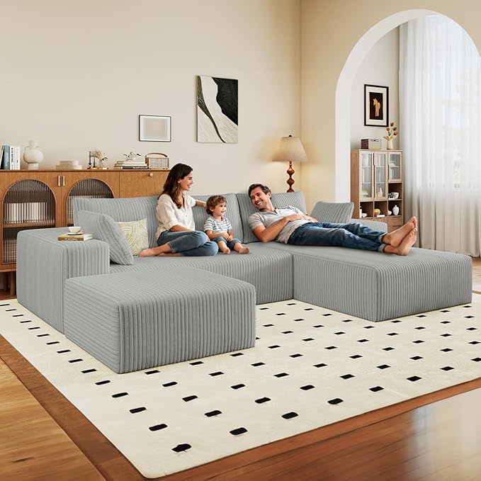 96" U-Shape Cloud Couch, Modern Modular Sectional L-Shape Sofa with Ottoman, Corduroy Upholstered Couches Deep Seat Chaise Longue for Living Room, No Assembly Required(Light Gray, Right Facing)