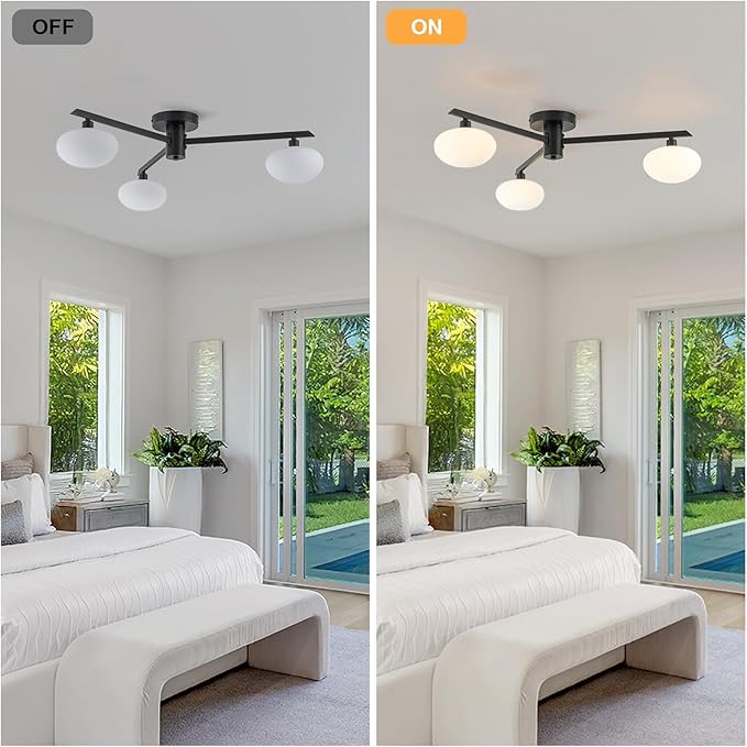 Semi Flush Mount Ceiling Light Fixture, Mid Century Modern 3-Light 22.5" Lighting Fixtures Ceiling, Matte Black Ceiling Lights for Bedroom, Entryway, Hallway, Bathroom, Kitchen, Dining Room