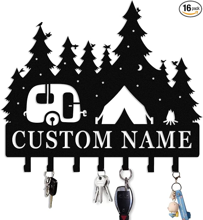 Personalised Metal Key Rack Hooks,Camp Theme Key Holder with Name,Custom Key Holder for Wall,Home Sweet Home Decor,Housewarming Gift Camp 2