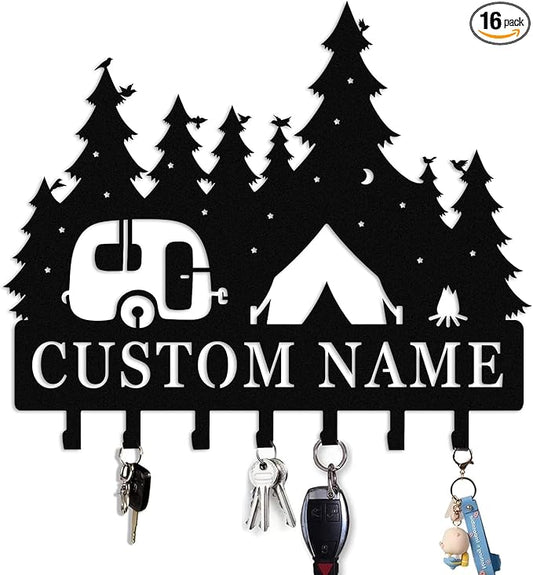 Personalised Metal Key Rack Hooks,Camp Theme Key Holder with Name,Custom Key Holder for Wall,Home Sweet Home Decor,Housewarming Gift Camp 2
