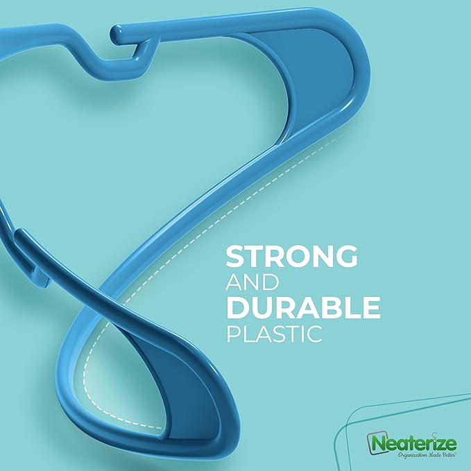 NEATERIZE Clothes Hangers Plastic 100 Pack for Adults - Plastic Hangers, The Perfect Coat Hanger and Space Saving Clothes Hangers for Closet, Percheros Ganchos para Colgar Ropa Hangars - Blue Hangers