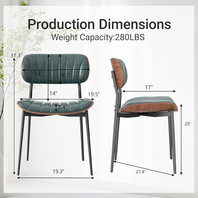 Mid Century Modern Dining Chairs Set of 6,Upholstered Faux Leather Kitchen Chairs with Walnut Bentwood Back and Metal Legs for Kitchen Dining Room Living Room, Green
