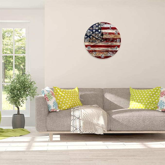 Old Wooden American Flag Wall Clock Battery Operated 10 in Round Wall Clocks Slilent Non Ticking Quartz Analog Clock for Bedroom Kids Living Room Classroom Decor