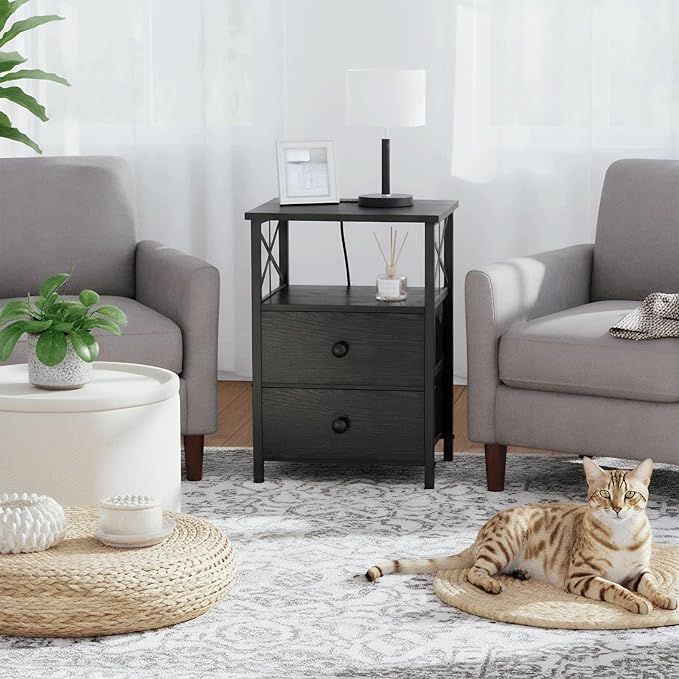 AMHANCIBLE Night Stand Set 2, Black Nightstand with Charging Station, End Tables Living Room with USB Ports and Outlets, Bedside Table with Fabric Drawers for Bedroom, HET05XBK