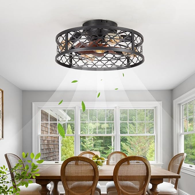 Farmhouse Ceiling Fans with Lights Remote Control,6 Speed Reversible Flush Mount Low Profile Rustic Ceiling Fan with Light with bulb 4*E26,Boho Bladeless Country Caged Ceiling Light Fixture