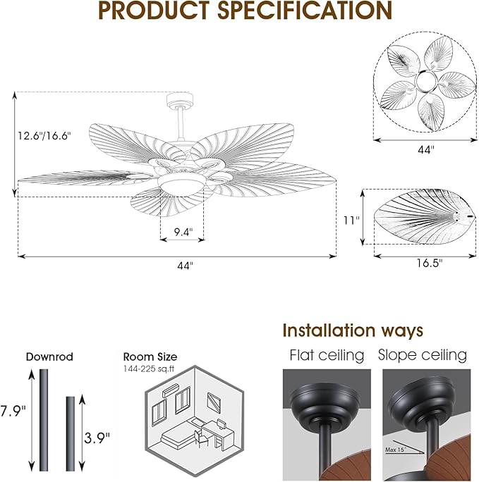 Tropical Ceiling Fans with Lights and Remote/APP Control, 44 Inch Palm Leaf Ceiling Fan with LED Lights, Outdoor Ceiling Fans for Patios Porch, Reversible Quiet Motor, Dimmable, Light Brown