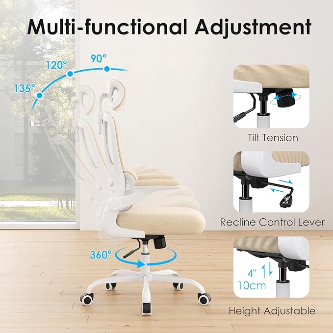 Farini Ergonomic Office Chair, Desk Chair with Headrest and Lumbar Support, High Back Swivel Home Office Chair with Headrest for Home Office Bedroom, Gifts, White & Khaki