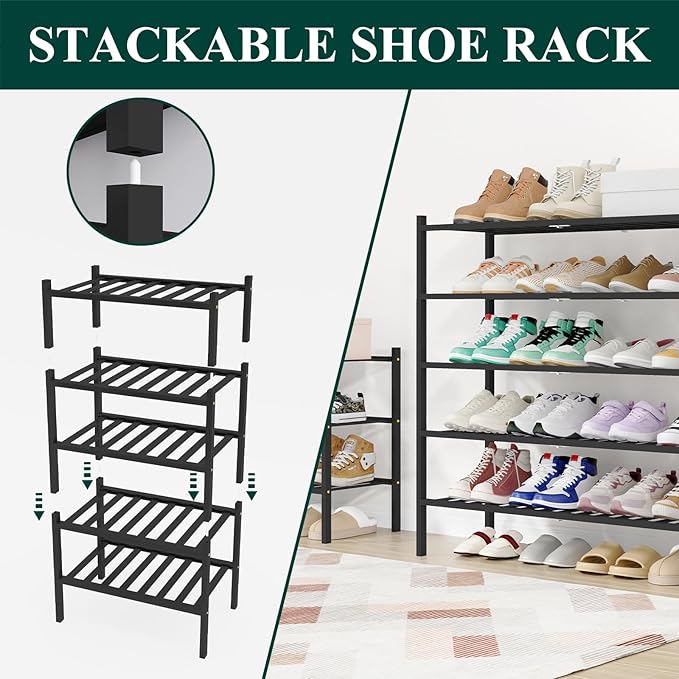 Smiry Shoe Rack, 3 Tier Long Bamboo Shoe Organizer, Stackable Free Standing Wooden Shoe Storage Shelf for Closet, Entryway, Front Door Entrance, Black