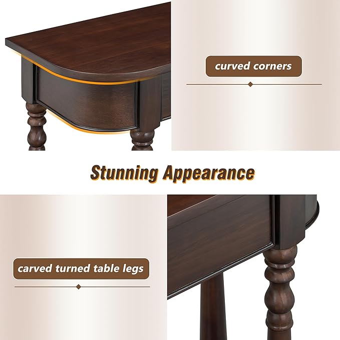 HMFULE Retro Curved Console Table, 36" Solid Wood Half Moon Console Table Sofa Table Entryway Table with 1 Drawer 1 Open Shelf Roman Legs Curved Corners for Living Room,Entryway,Hallway,Espresso