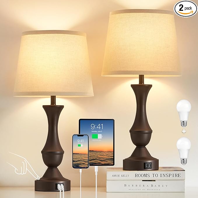 Luvkczc 22" Table Lamp Set of 2 - Vintage Brown Bedside Lamp with Beige Fabric Shade, Dimmable, USB C+A Ports, Nightstand Lamp for Living Room Bedroom (Bulb Included)