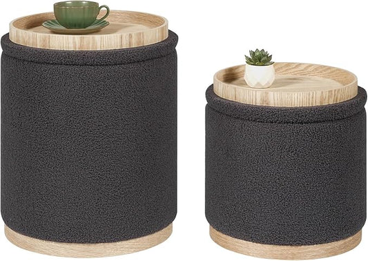 PINPLUS Round Ottoman with Storage Set of 2, Storage Ottoman with Tray, Teddy Velvet Ottoman Storage Modern Multifunctional Foot Rest Stool for Bedroom, Living Room, Dorm (Dark Grey)