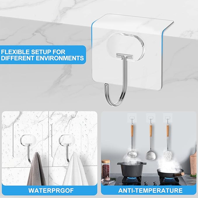 Large Adhesive Hooks for Hanging Heavy Duty Wall Hooks Self Adhesive Towel Coat Hooks Waterproof Transparent Hook for Bathroom Shower Kitchen Keys Door Outdoor Home Improvement Utility Hook 12 Pack