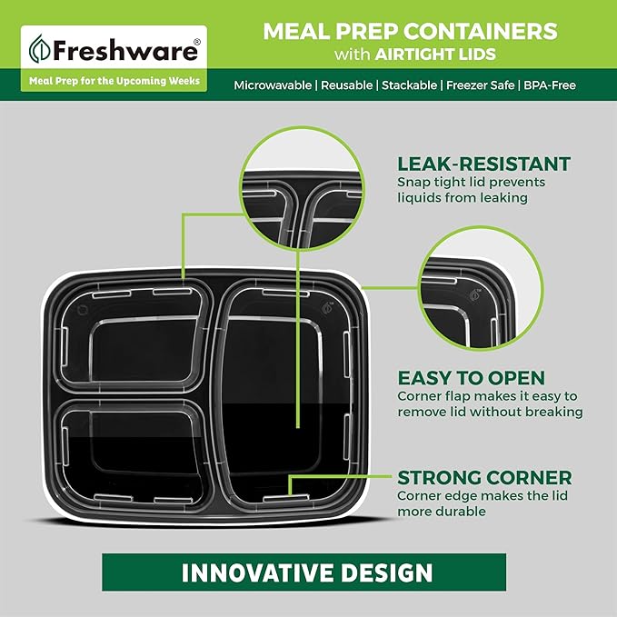Freshware Meal Prep Containers with Lids [15 Pack] 3 Compartment, Food Storage Containers, Bento Box, BPA Free, Stackable, Microwave/Dishwasher/Freezer Safe (32 oz)