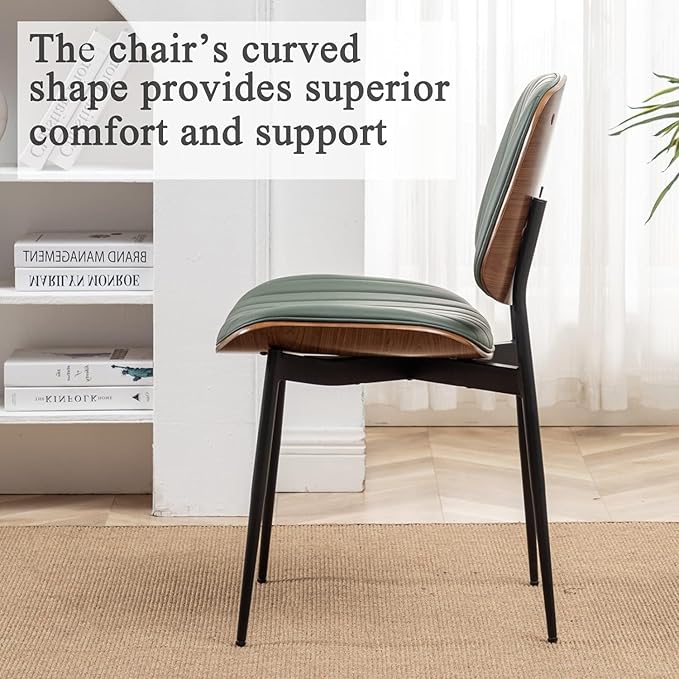 LUNLING Dining Chairs Set of 4 Mid Century Modern Retro Faux Leather Chair with Walnut Bentwood Upholstered Seat Metal Legs Chairs,Adjustable Foot for Kitchen Dining Room Chairs(Green)