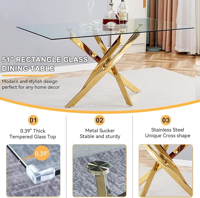Goujxcy 51" Glass Dining Table Set for 6, Modern Kitchen Table and Chairs Set w/Steel Legs, 7-Piece Dining Table Set w/Glass Gold Dining Table and 6 Green Velvet Chairs for Kitchen Dining Room