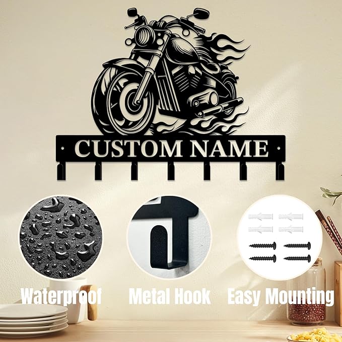 Personalized Custom Name Motorcycle Keys Hooks,Metal Motorcycle Art Clothes Keys Hooks,Metal Motorcycle Lover Wall Home Storage Decorative Keys Hooks,Key Holder Hooks for Wall (Style H)