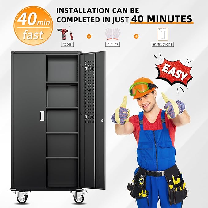 INTERGREAT Metal Storage Cabinet with Wheels, 72" Lockable Mobile Cabinets with Adjustable Shelves, Large Capacity Rolling Tall Cabinet with Casters for Home Office, Kitchen, Garage, School(Black)