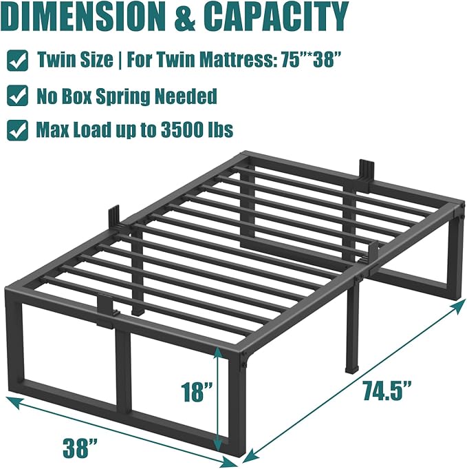 Twin Bed Frame, 18 Inch High 3500 lbs Heavy Duty Metal Platform, Mattress Foundation with Steel Slat Support/No Box Spring Needed/Noise Free/Non-Slip/Easy Assembly