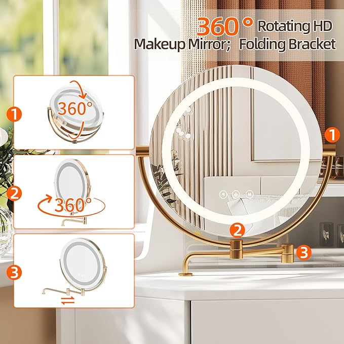 Merax Corner Vanity Desk with Mirror and Lights and Stool, White Makeup Vanity with Storage & Adjustable Light, Girl Glass Top Dressing Table with Small Sliding Glass Door, Drawer and Display Shelf