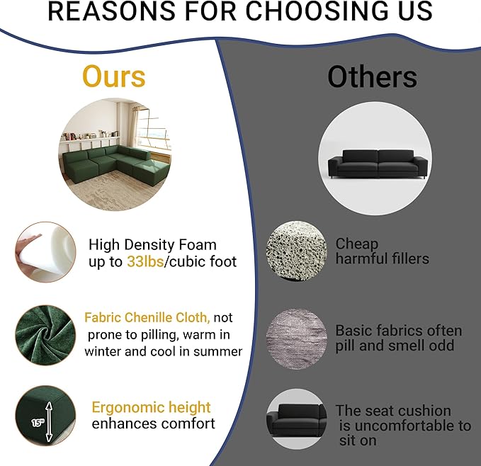 97"+57" 5-Piece Modular Sectional Sofa Convertible Cube Couch 2 3 4 Seat Set, L-Shape, Thick Foam No Assembly for Living Room (3xArmless+1xCorner+1xOttoman) Fabric Chenille Dark Green