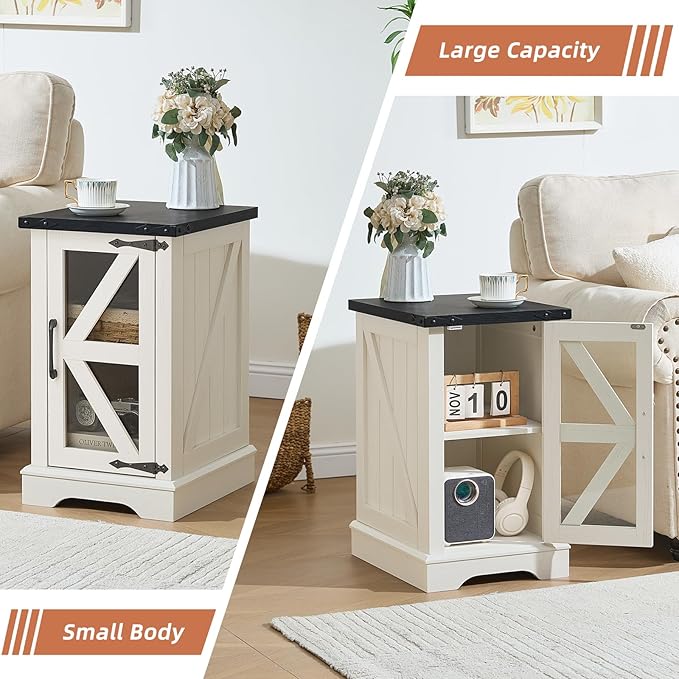 Farmhouse Coffee Table Sets 3 Pieces, Narrow Night Stand with Glass Barn Door Storage, Large Coffee Tables with Hidden Storage Organizer, Wood Furniture Sets for Living Room, Office, White