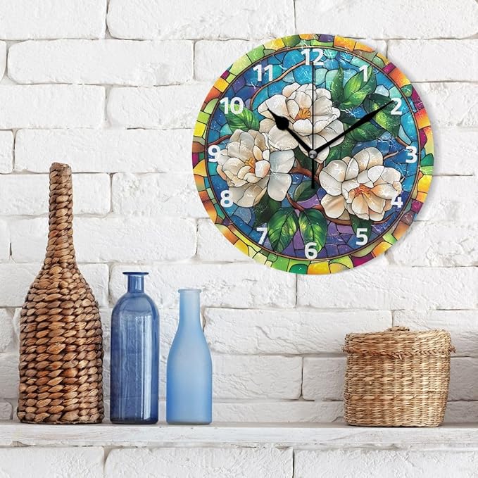 Bolaz Wall Clocks Decorative Bedroom Silent Living Room Desktop Flowers Stained Glass Tabletop Shelf Clocks Round Battery Operated 10 Inch Non-Ticking