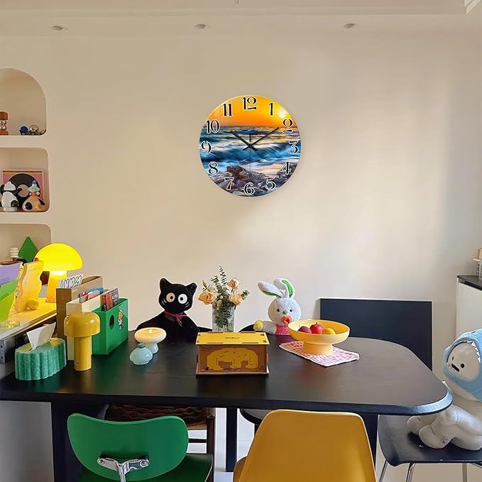 Blue Wall Clocks Battery Operated 14 Inch Beach Wall Clock for Bedroom Glass Wall Clock Silent Non Ticking