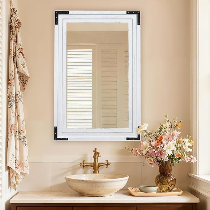 Full Length Mirror 30"x20" Solid Wood Frame Floor Standing Mirror, Hanging or Leaning Wall-Mounted for Living Room, Bedroom, Rustic White