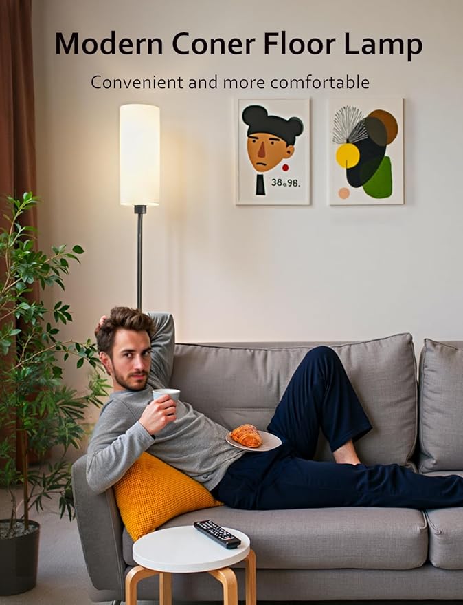 YHW LED Floor Lamp for Living Room with 3 Color Temperatures, Standing Lamp Tall Industrial Reading for Bedroom, Office, 12W LED Bulb, Beige Lampshade Included 68.89‘’