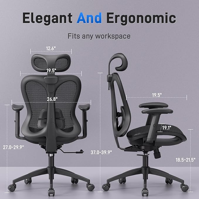 Ergonomic Office Desk Chair, Comfortable Computer Gaming Chair, Breathable Mesh Back & Seat, Adjustable Armrest & Headrest, Lumbar Support, Butterfly Design for Home Office (Black)