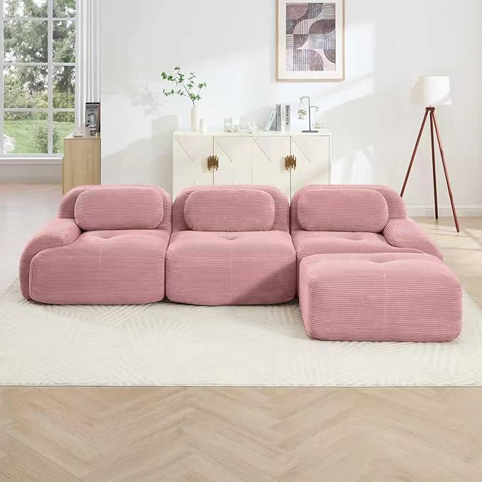116" Modern Corduroy Cloud Sofa with Ottoman, L Shaped Boneless Modular Large Sectional Couches for Living Room, Pink 3 Seater Compressed Memory Foam Couch, Extra Deep Seat, No Assembly