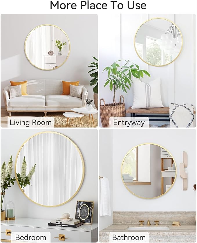 24 Inch Golden Circle Wall Mirror, Modern Round Metal Framed Mirror for Bathroom, Entryway, Living Room, Bedroom, Dining Room, Hallway, Decorative Home Décor, Easy Mount