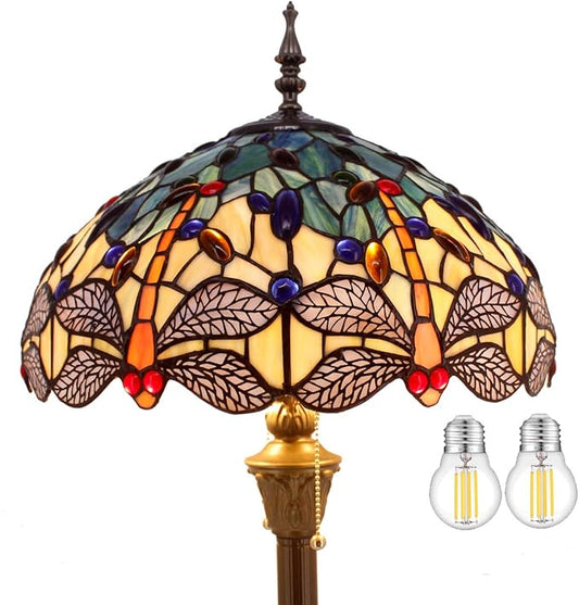 WERFACTORY Tiffany Floor Lamp Blue Yellow Stained Glass Dragonfly Standing Reading Light 16X16X64 Inches Antique Pole Corner Lamp Decor Bedroom Living Room Home Office S128 Series