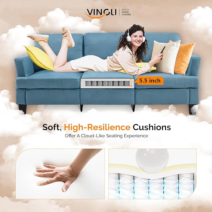 VINGLI Blue 83" Sofa Couches for Living Room, Modern Comfy 3 Seater Couch Faux Suede 25.6" Deep Seat Upholstery Cozy Sofas for Small Space, Bedroom, Apartment, Home Office