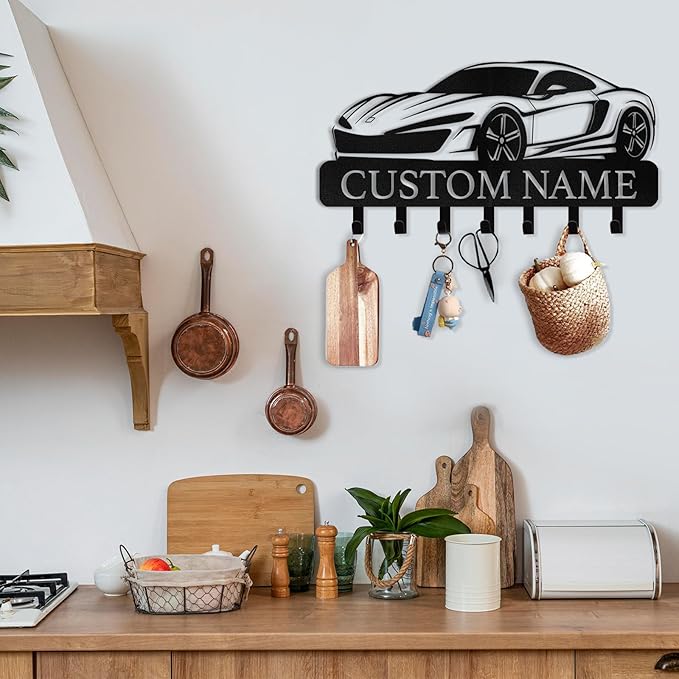 Personalized Key Holder Wall Mount - Custom Key Rack Wall Mount with Hooks, Metal Key Rack Organizer, Car Design Key Hanger, Coat Rack, Wall Mounted Decor for Entryway, Front Door, Office