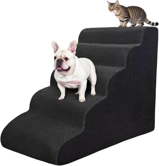 5 Step Pet Stairs Ramp for High Beds Sofas 5-30 Inch with Sturdy Non Slip Waterproof Pads, Machine Washable Cover Indoor Balanced Design for Cats Dogs Small Medium Large XL Pets Grey (Black, Large, 1)